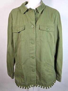 Talbots NWT Olive Green Utility Jacket Pom Pom Trim XL Safari Military